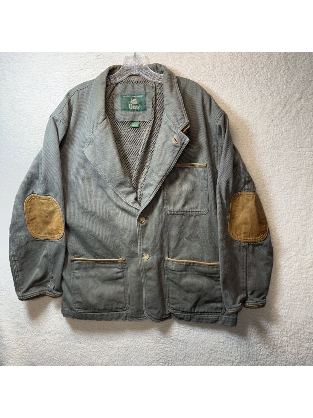 Orvis Vintage Mens Green Canvas Jacket Mesh Lining  Suede Elbow Patches Large
